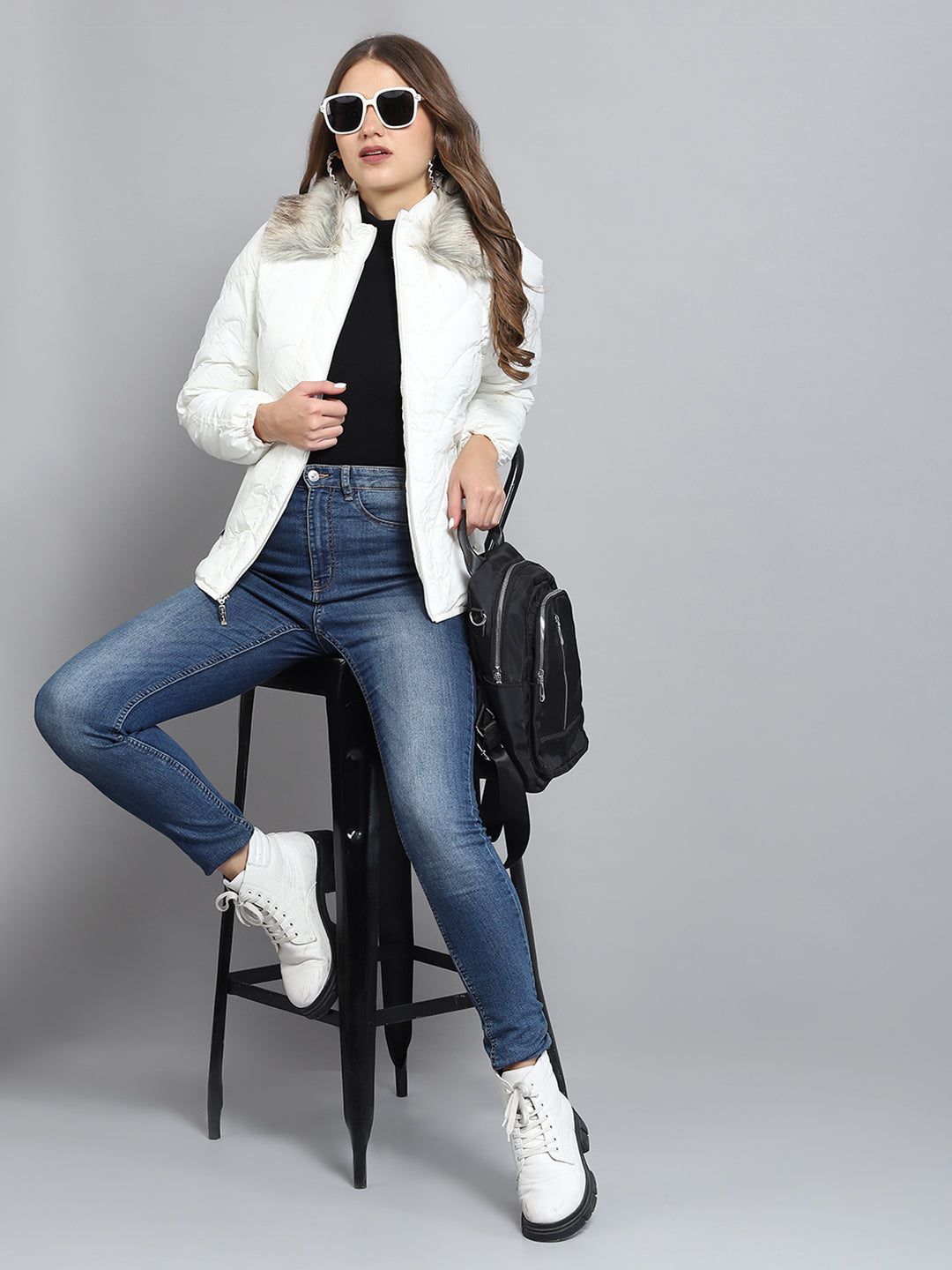 Women Off White Self Design Collar Full Sleeve Jacket