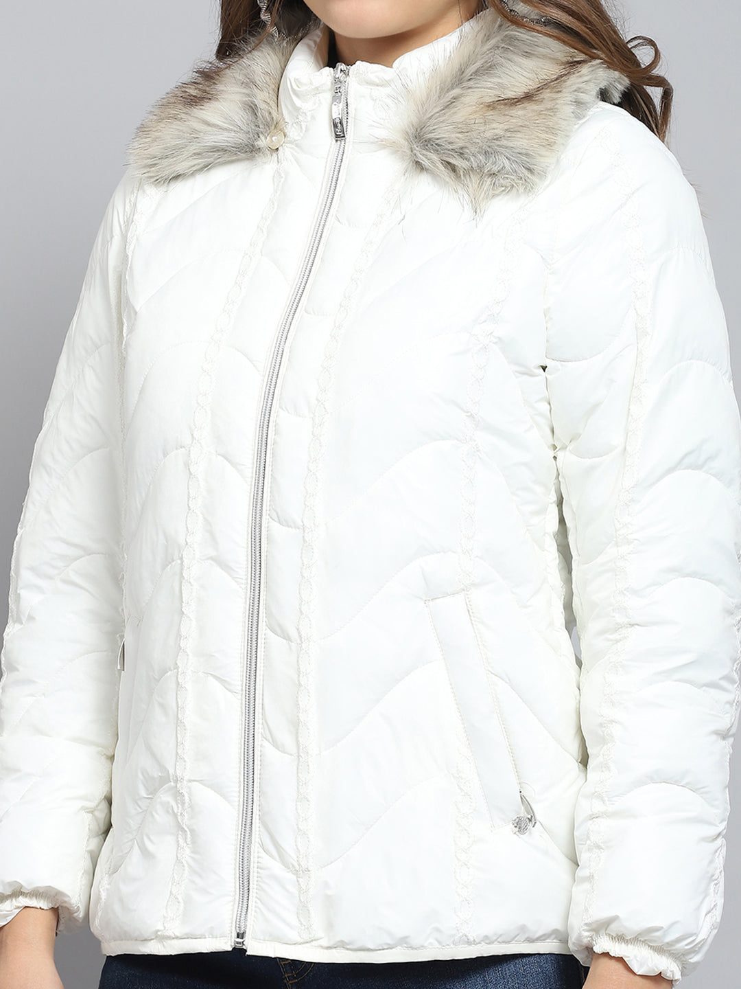 Women Off White Self Design Collar Full Sleeve Jacket