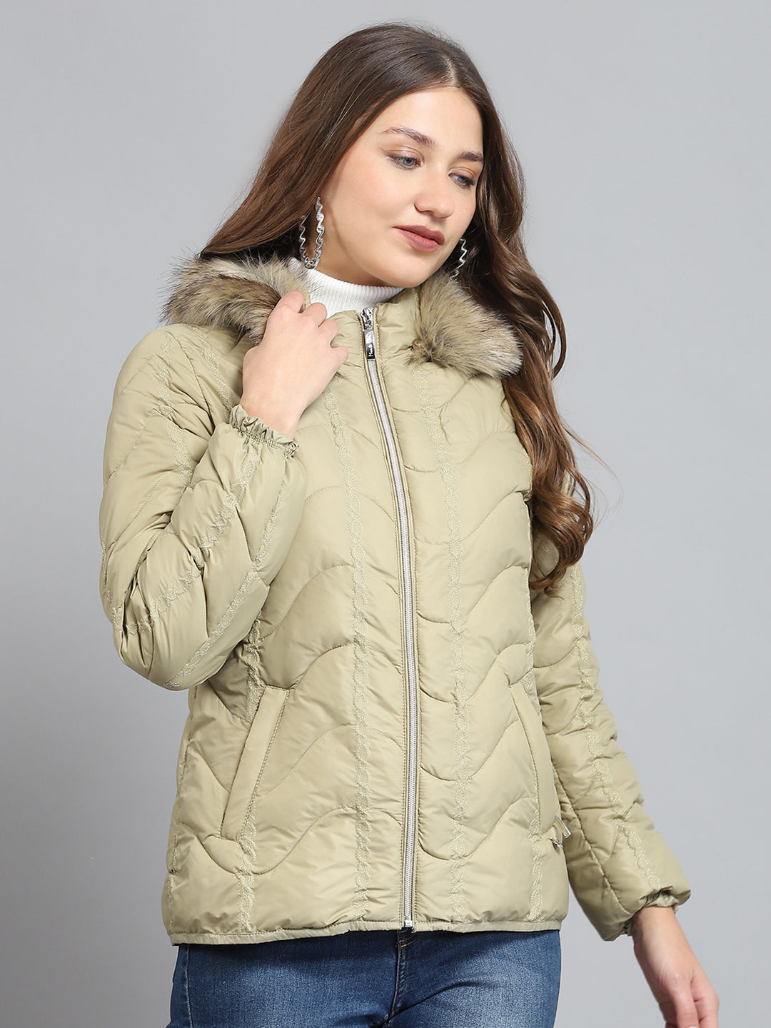 Women Camel Brown Self Design Collar Full Sleeve Jacket