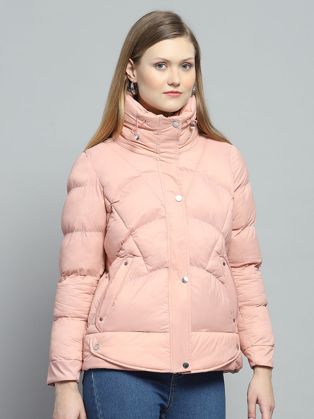 Women Peach Self Design High Neck Full Sleeve Jacket