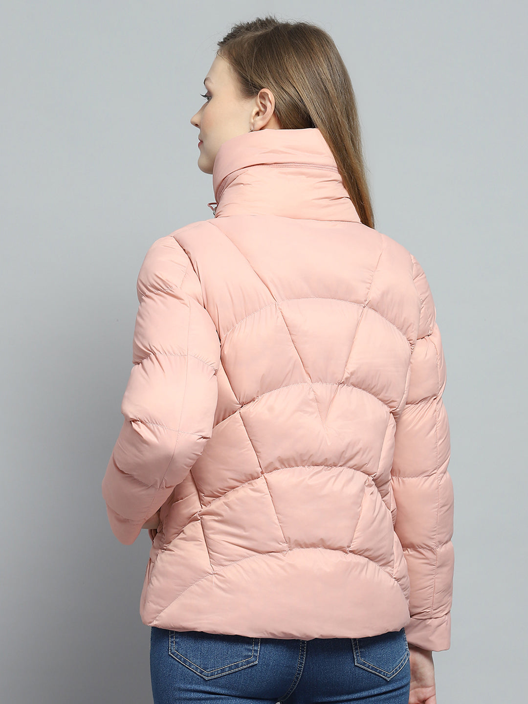 Women Peach Self Design High Neck Full Sleeve Jacket