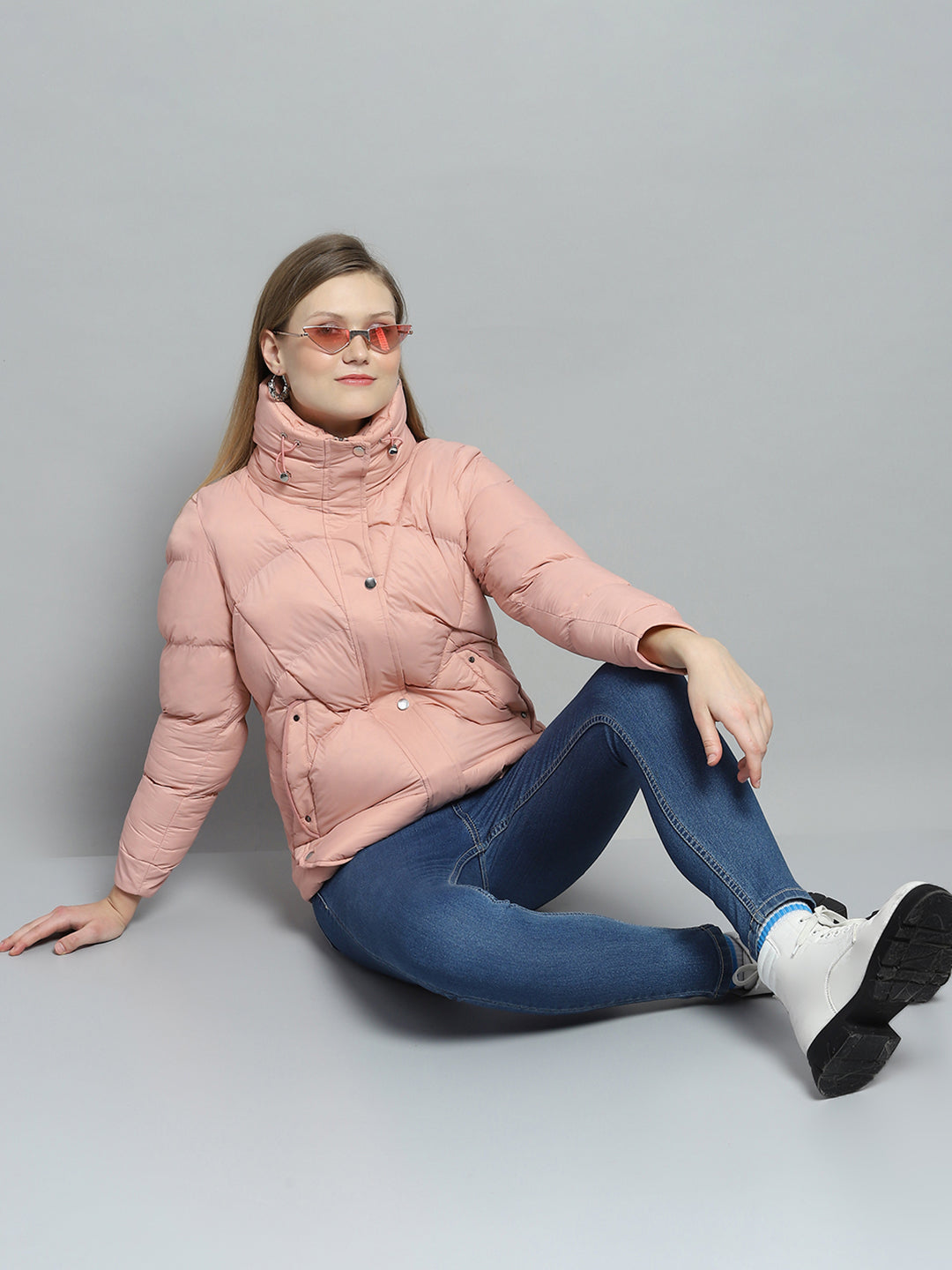 Women Peach Self Design High Neck Full Sleeve Jacket