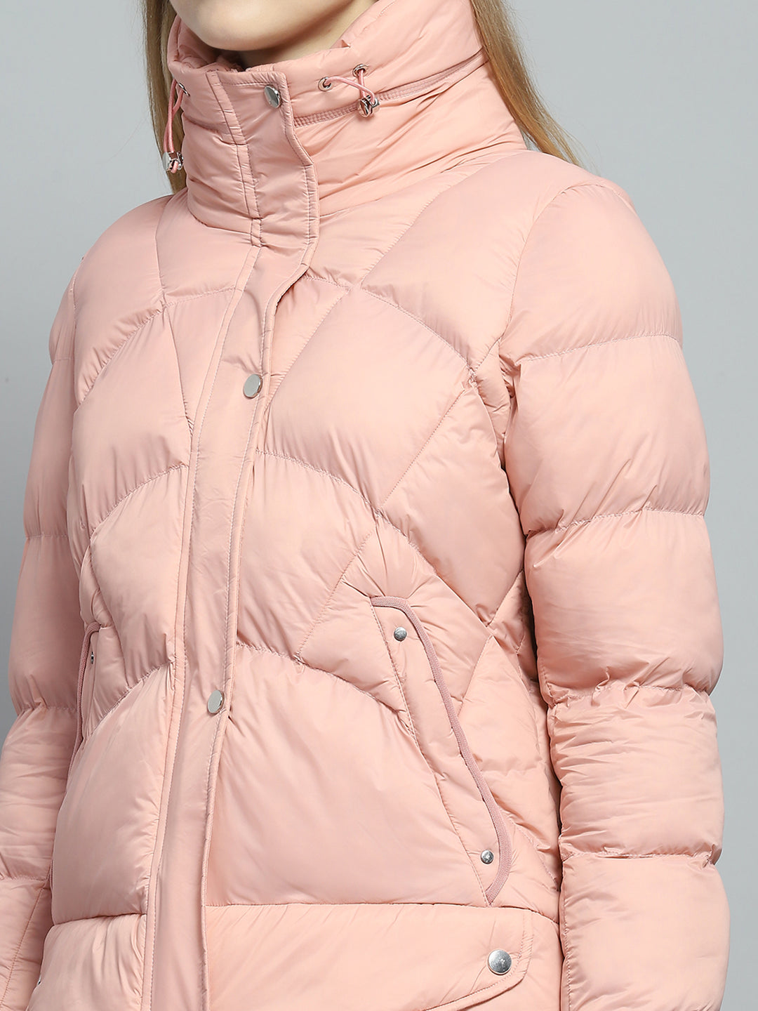 Women Peach Self Design High Neck Full Sleeve Jacket