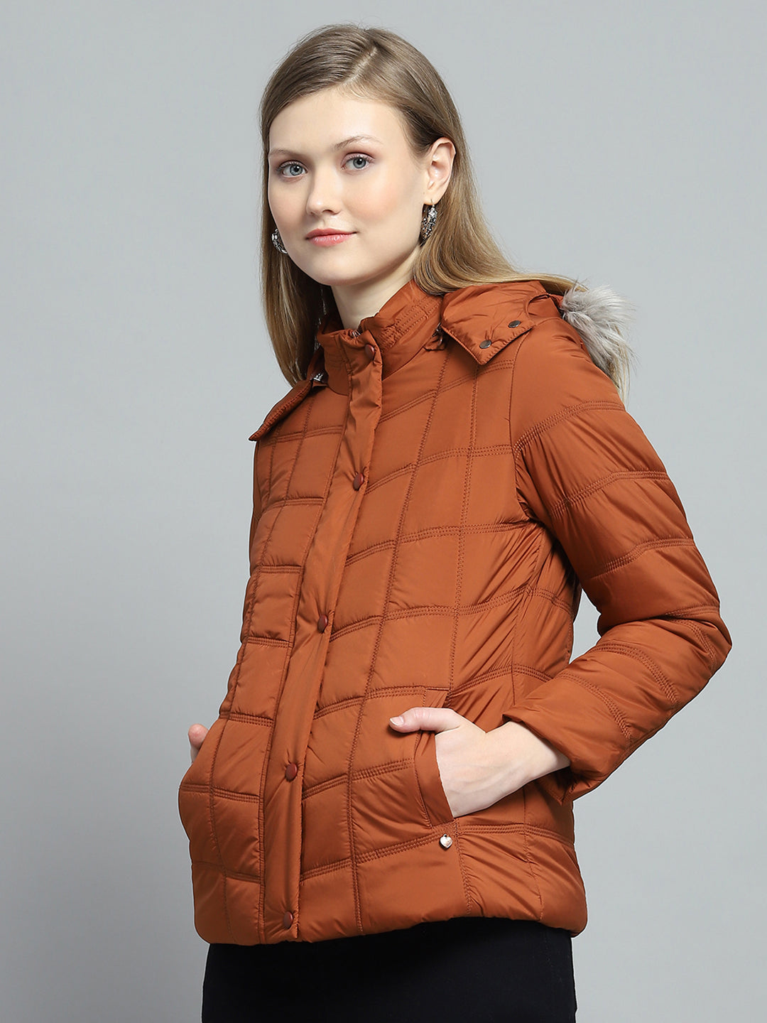 Women Rust Self Design Detachable Hood Full Sleeve Jacket