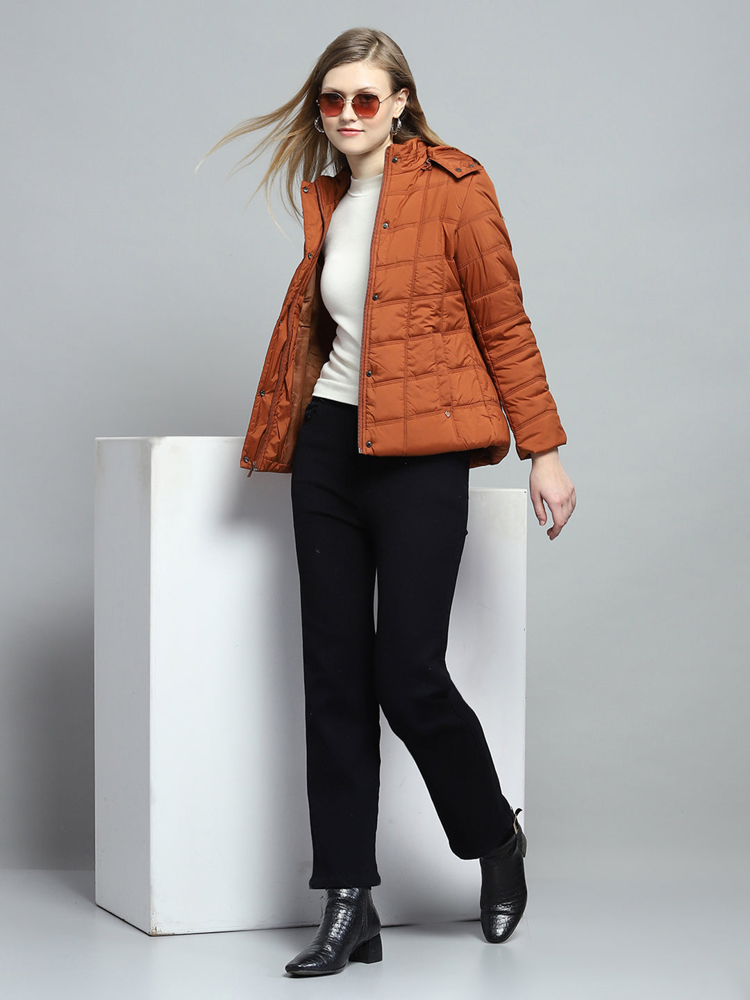 Women Rust Self Design Detachable Hood Full Sleeve Jacket