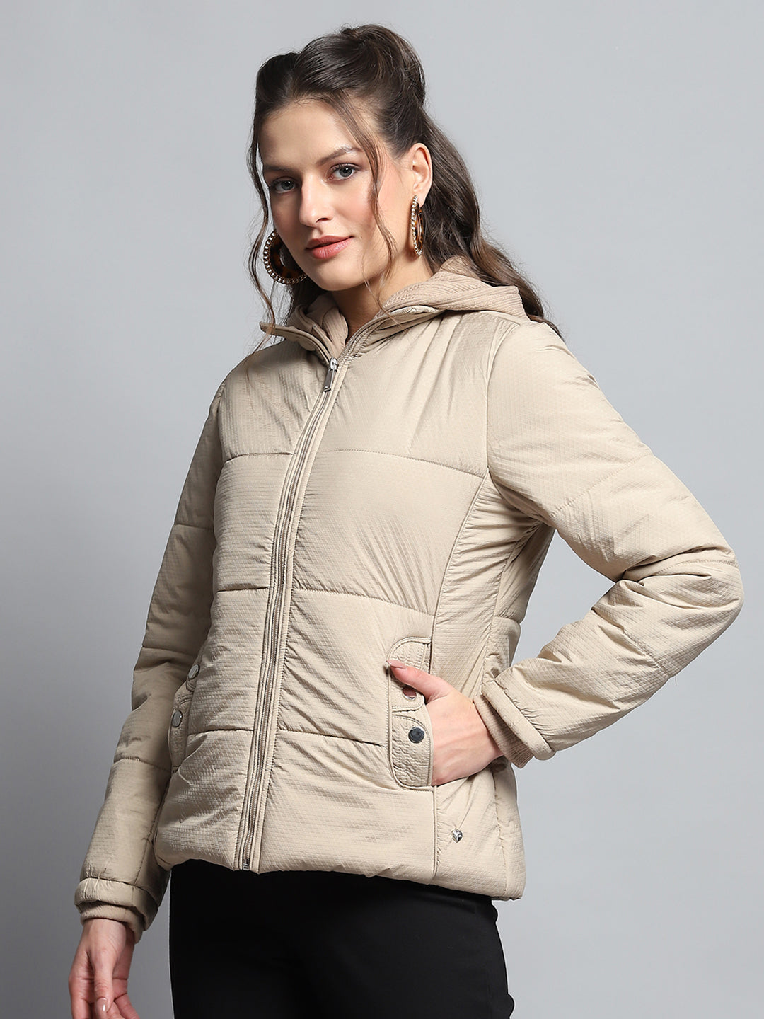 Women Beige Self Design Hooded Full Sleeve Jacket