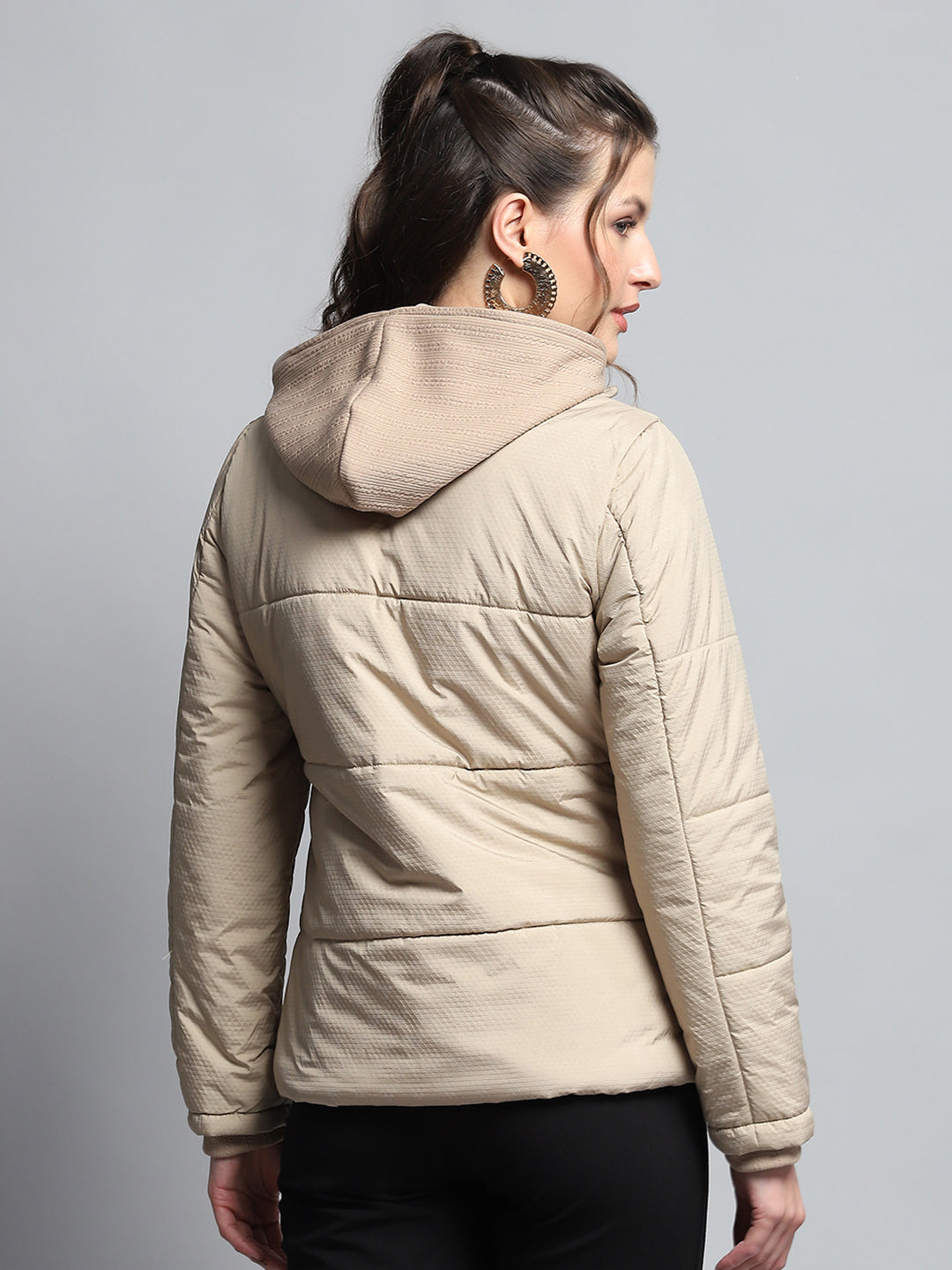 Women Beige Self Design Hooded Full Sleeve Jacket