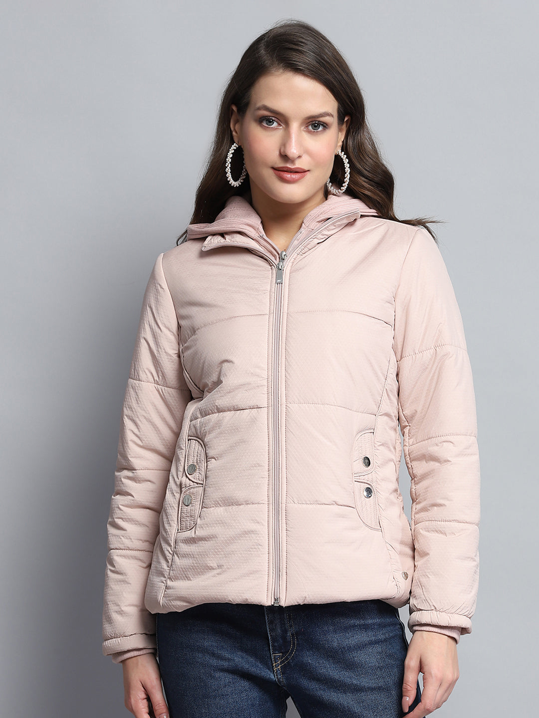 Women Pink Self Design Hooded Full Sleeve Jacket