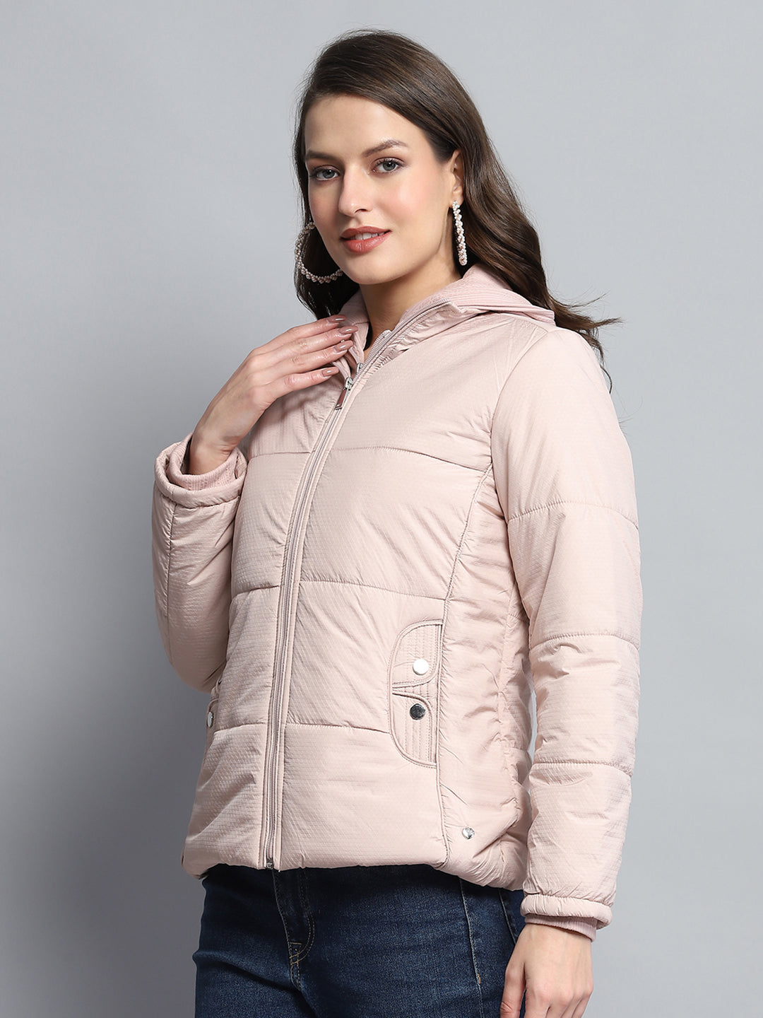 Women Pink Self Design Hooded Full Sleeve Jacket