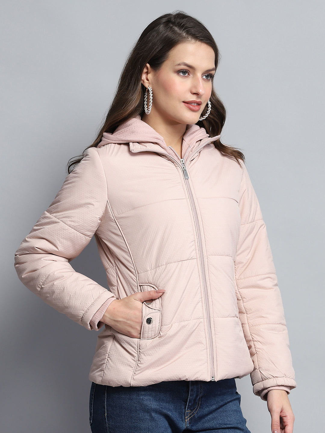 Women Pink Self Design Hooded Full Sleeve Jacket