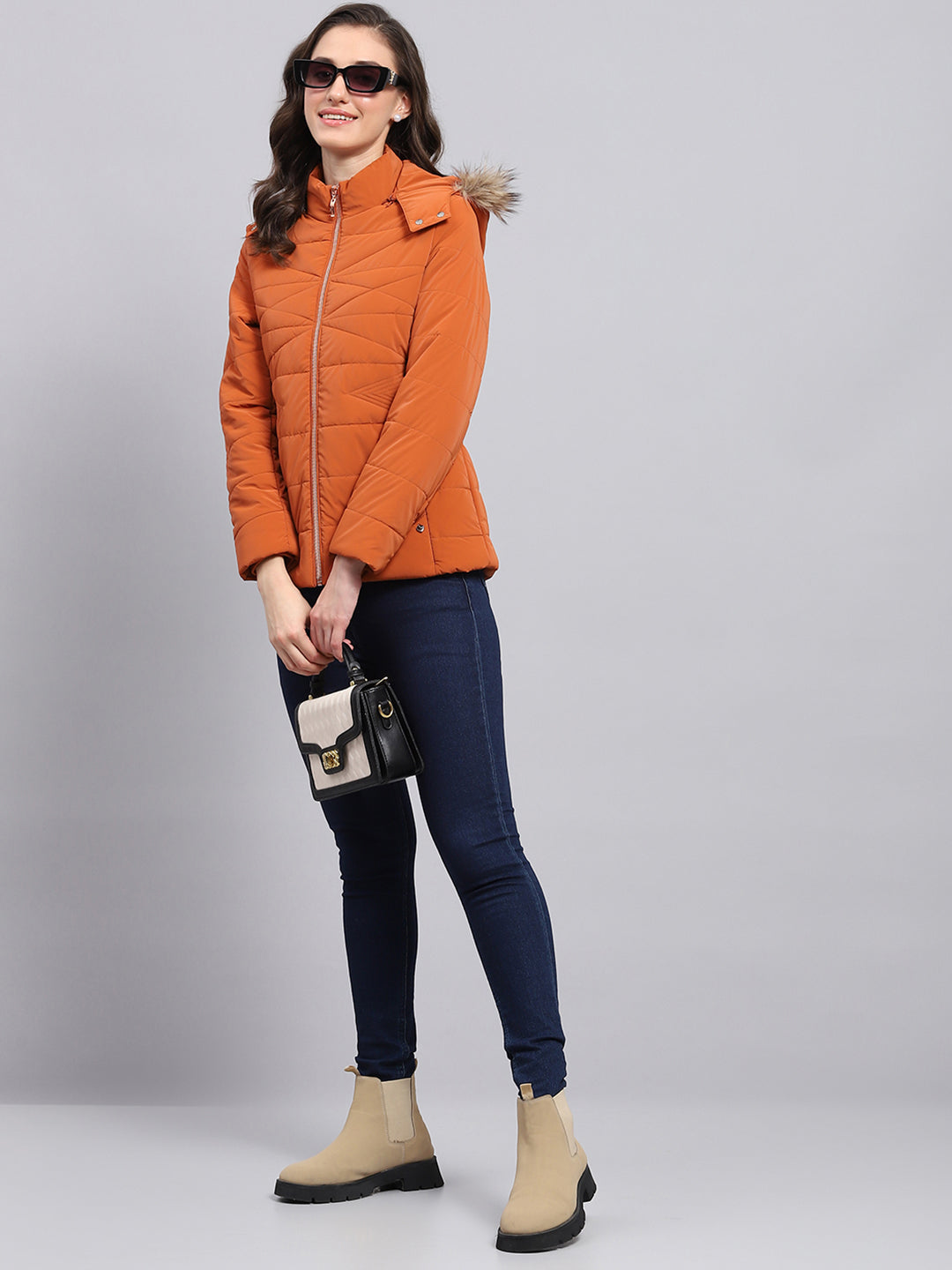 Women Orange Printed Hooded Full Sleeve Puffer Jacket