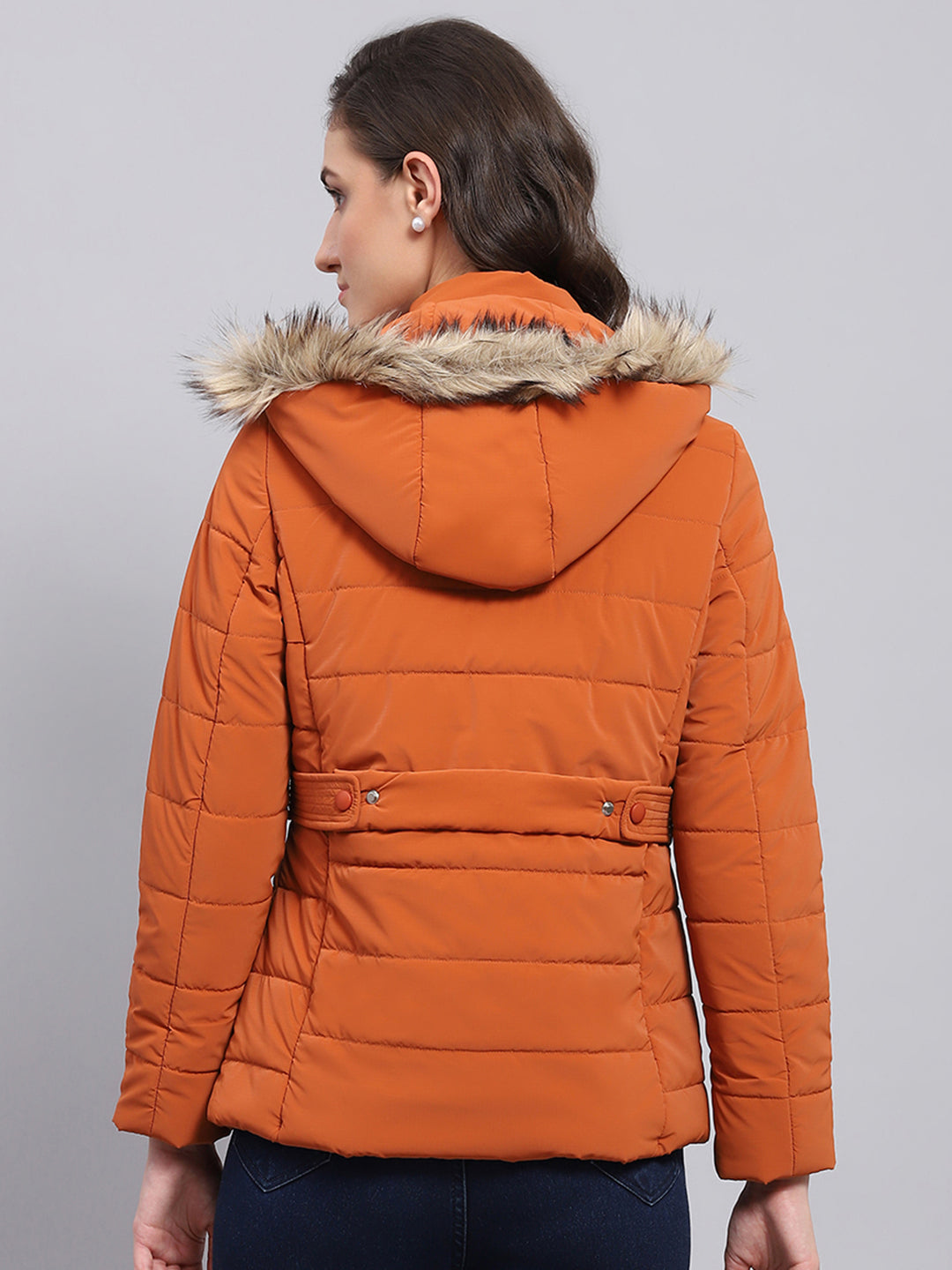 Women Orange Printed Hooded Full Sleeve Puffer Jacket