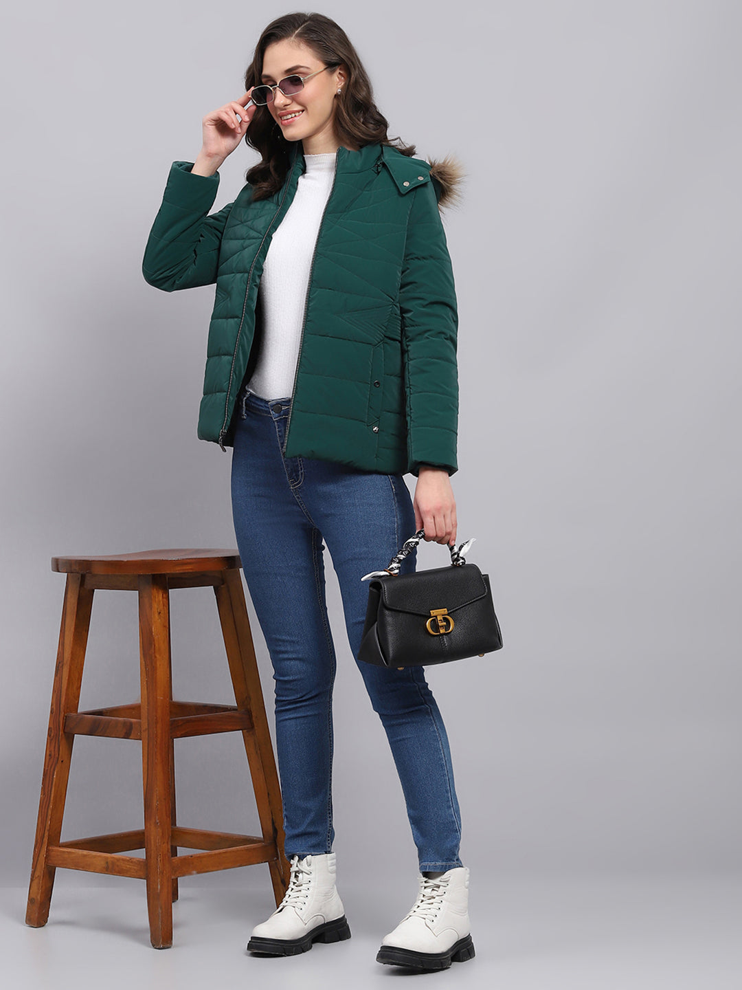 Women Green Printed Hooded Full Sleeve Puffer Jacket