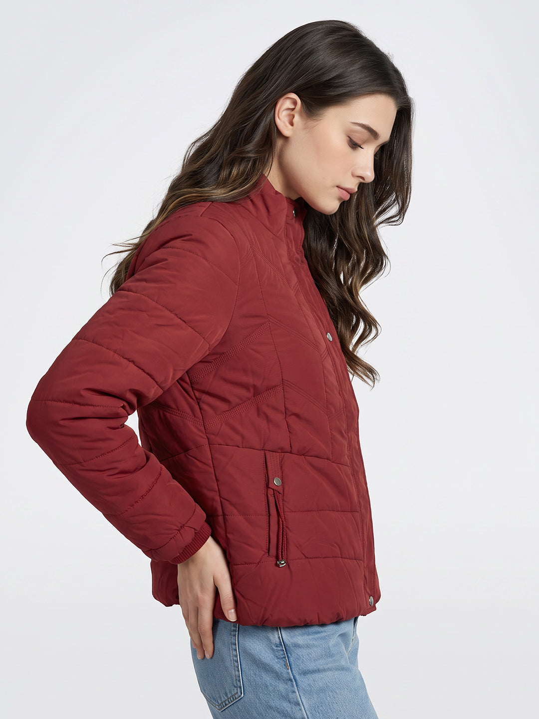Women Maroon Solid Collar Full Sleeve Puffer Jacket