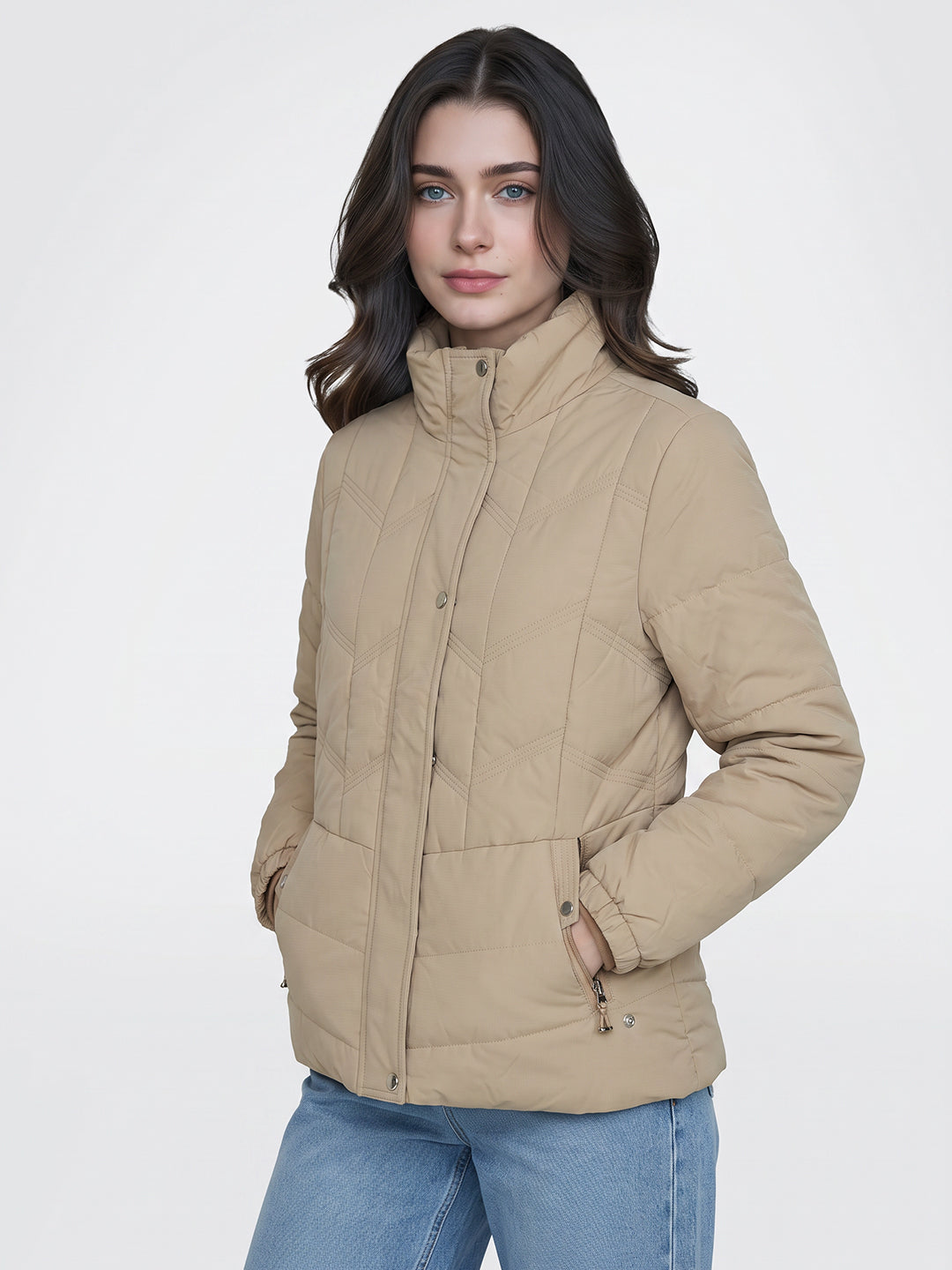 Women Beige Solid Collar Full Sleeve Puffer Jacket