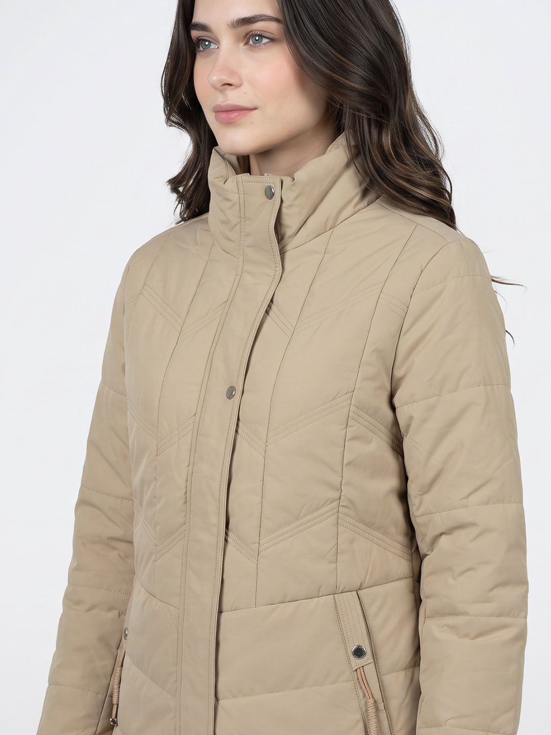 Women Beige Solid Collar Full Sleeve Puffer Jacket