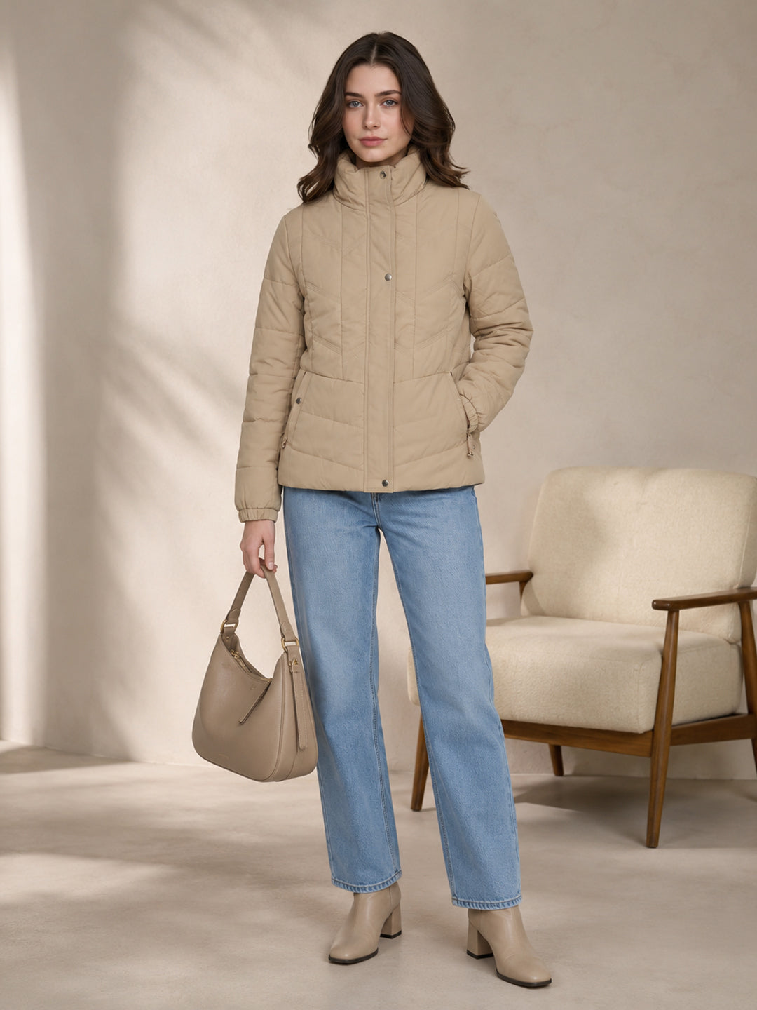 Women Beige Solid Collar Full Sleeve Puffer Jacket