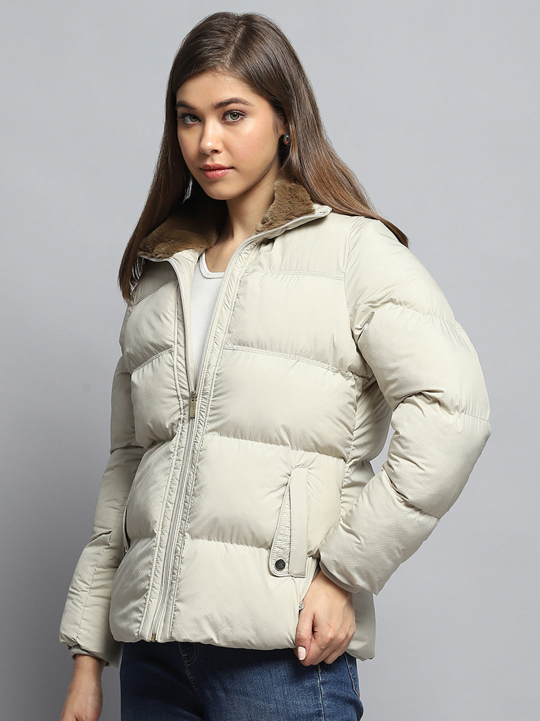 Women Cream Self Design Collar Full Sleeve Jacket