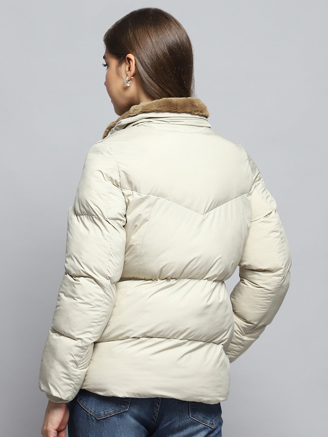 Women Cream Self Design Collar Full Sleeve Jacket