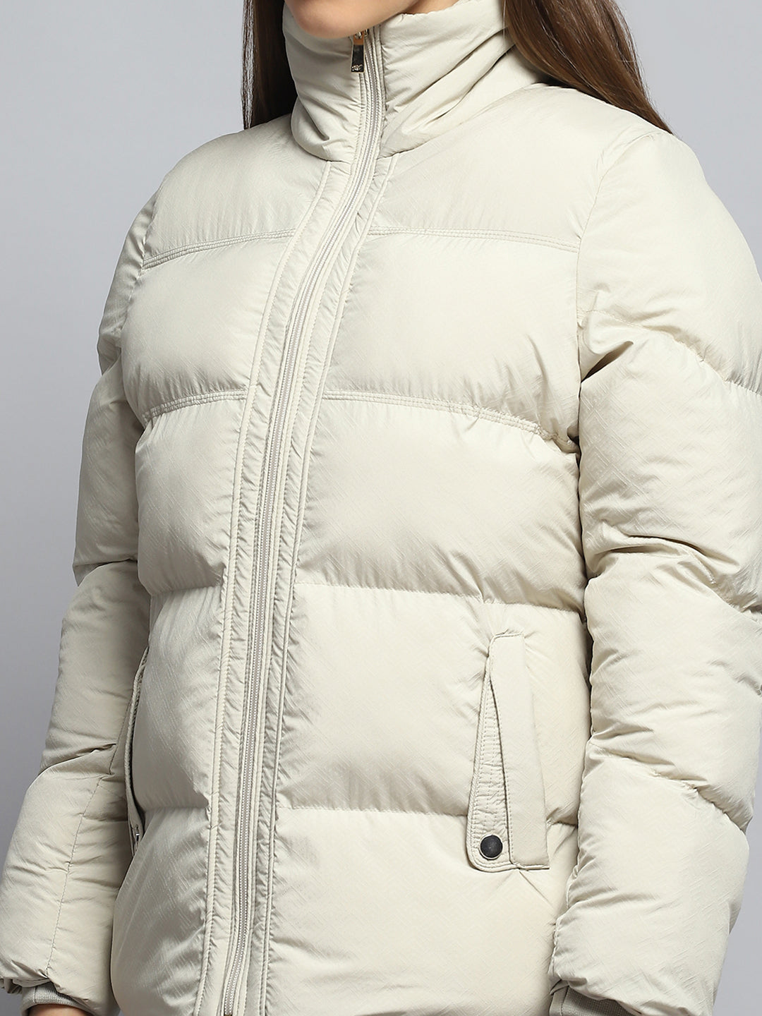 Women Cream Self Design Collar Full Sleeve Jacket