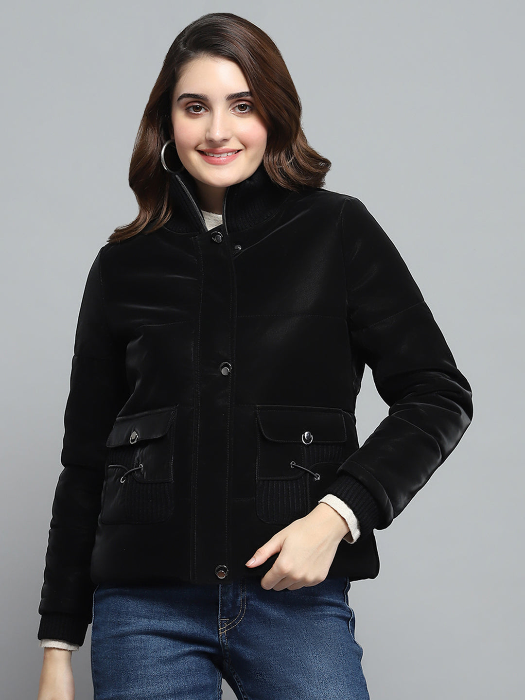 Women Black Solid Mock Neck Full Sleeve Jacket