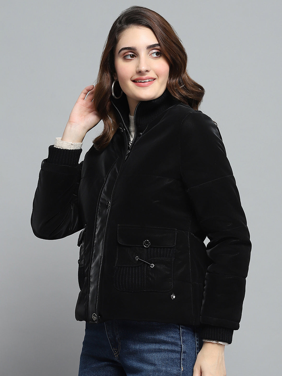 Women Black Solid Mock Neck Full Sleeve Jacket