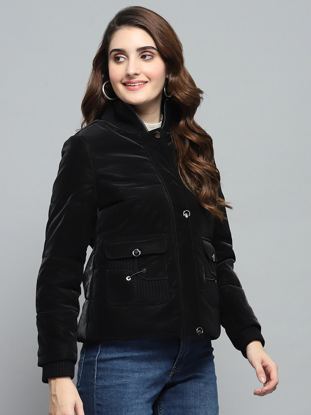 Women Black Solid Mock Neck Full Sleeve Jacket