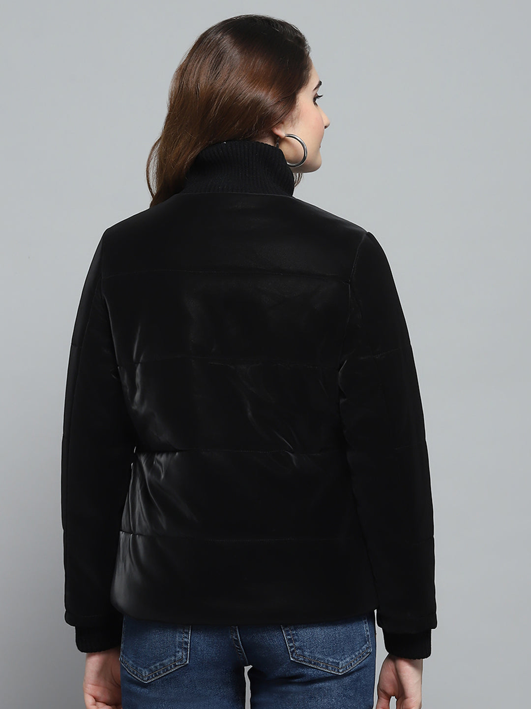 Women Black Solid Mock Neck Full Sleeve Jacket