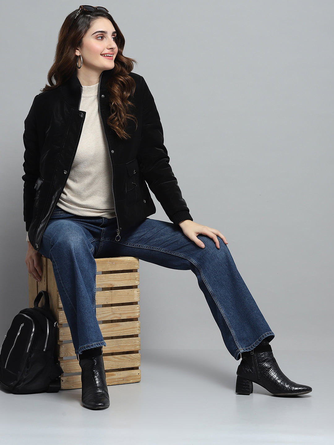 Women Black Solid Mock Neck Full Sleeve Jacket