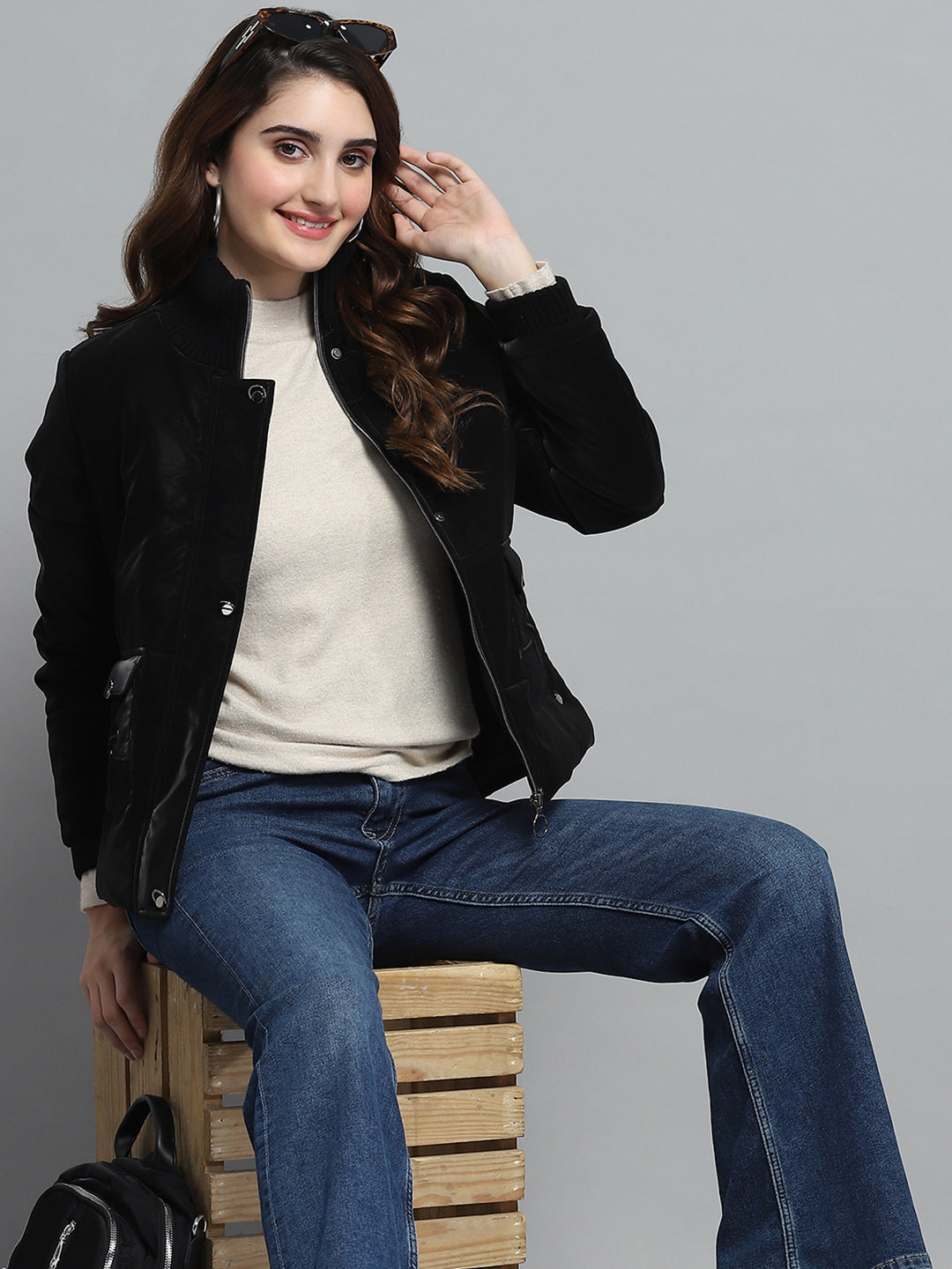 Women Black Solid Mock Neck Full Sleeve Jacket