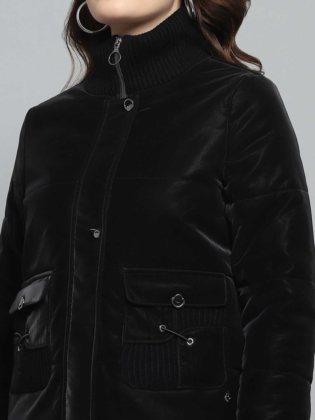 Women Black Solid Mock Neck Full Sleeve Jacket