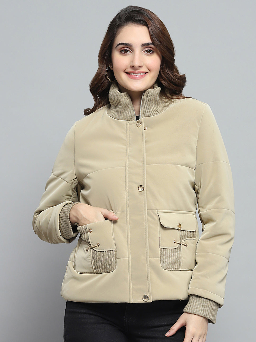 Women Beige Solid Mock Neck Full Sleeve Jacket