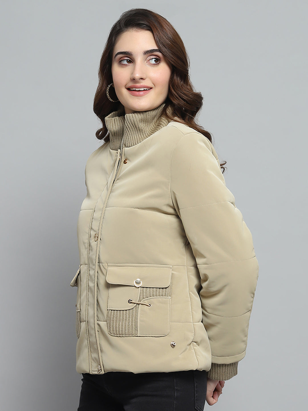 Women Beige Solid Mock Neck Full Sleeve Jacket