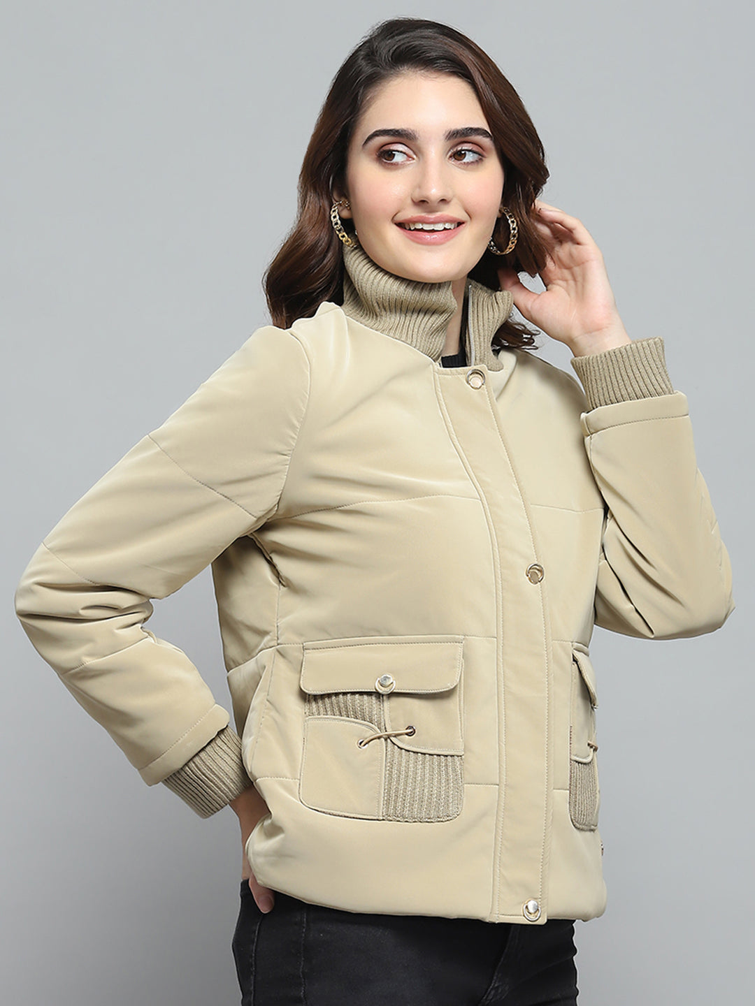 Women Beige Solid Mock Neck Full Sleeve Jacket
