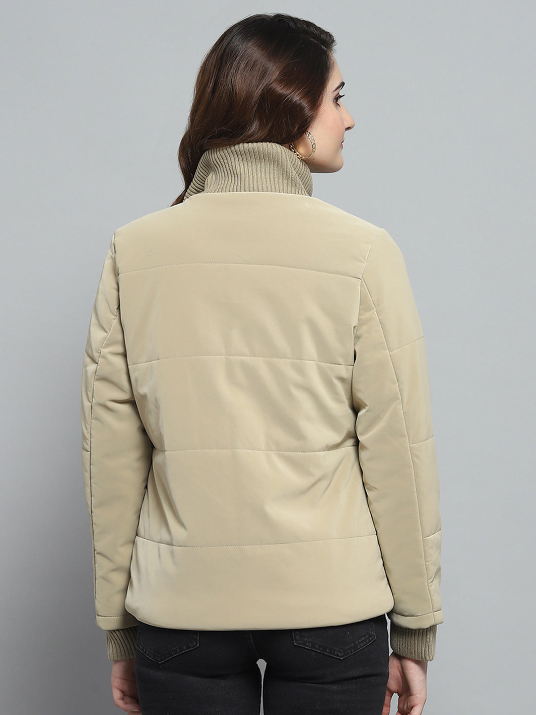 Women Beige Solid Mock Neck Full Sleeve Jacket