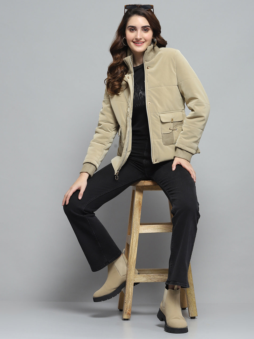 Women Beige Solid Mock Neck Full Sleeve Jacket