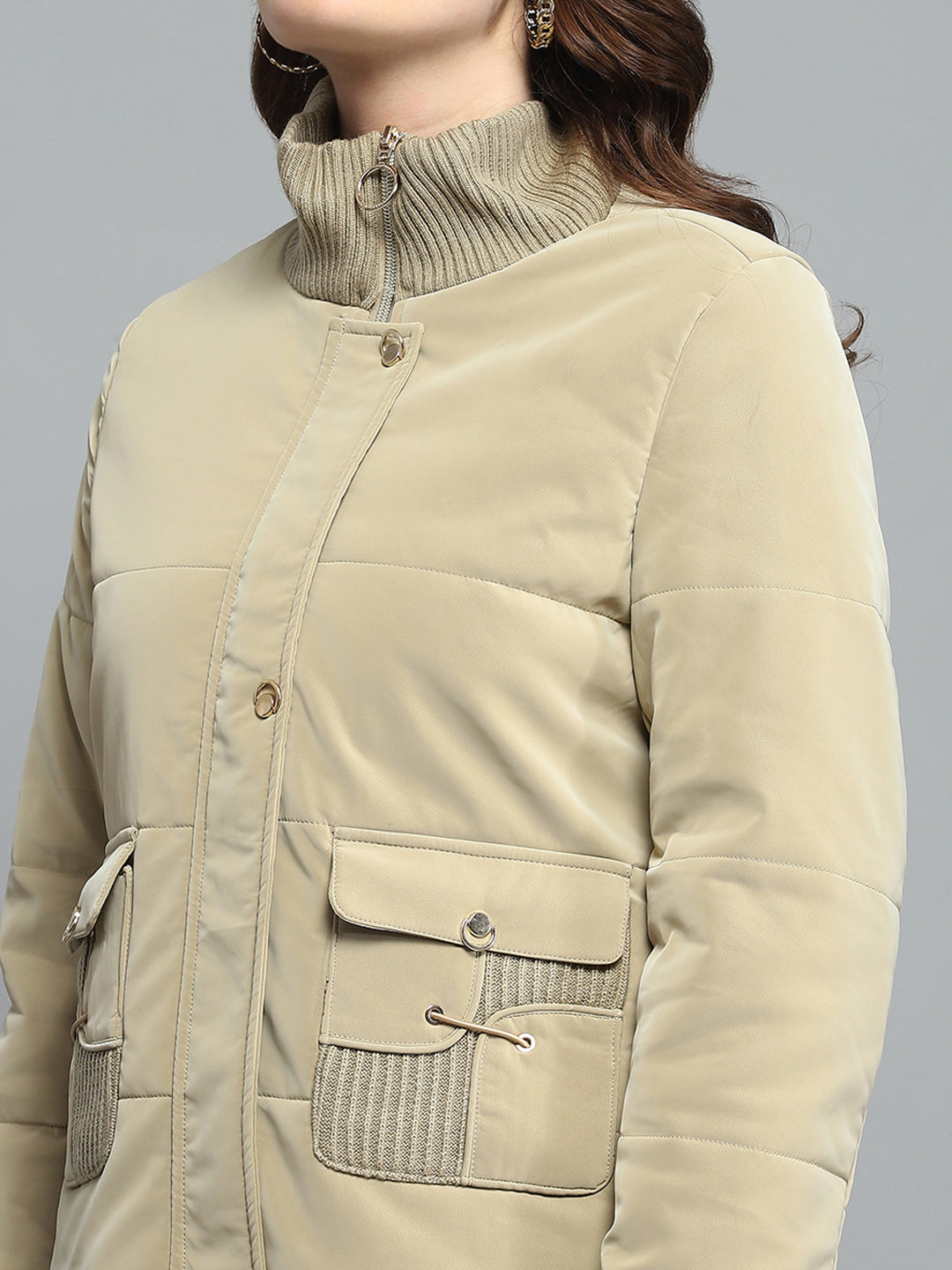 Women Beige Solid Mock Neck Full Sleeve Jacket