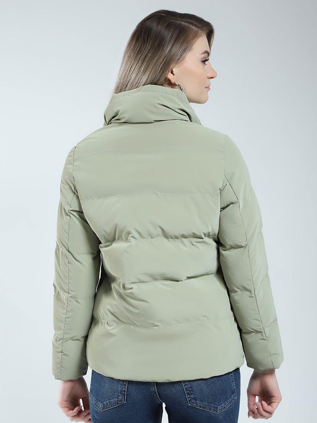 Women Green Solid Mock Neck Full Sleeve Jacket