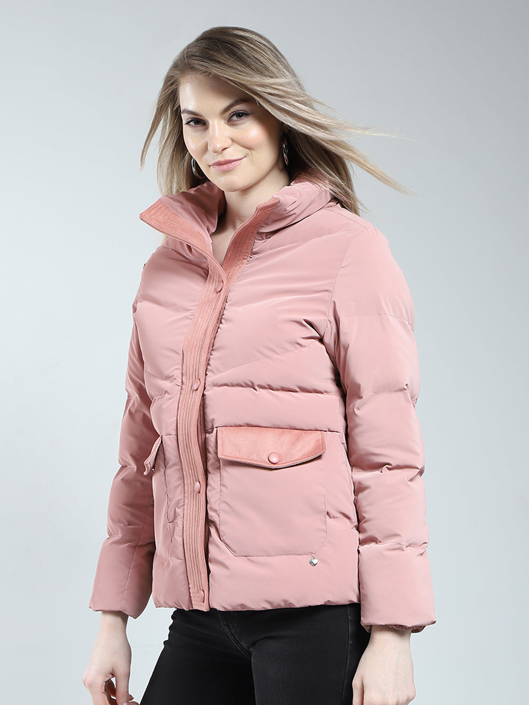 Women Pink Solid Mock Neck Full Sleeve Jacket