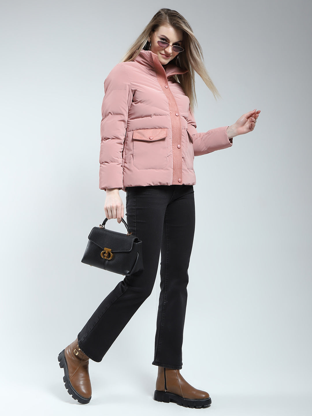 Women Pink Solid Mock Neck Full Sleeve Jacket