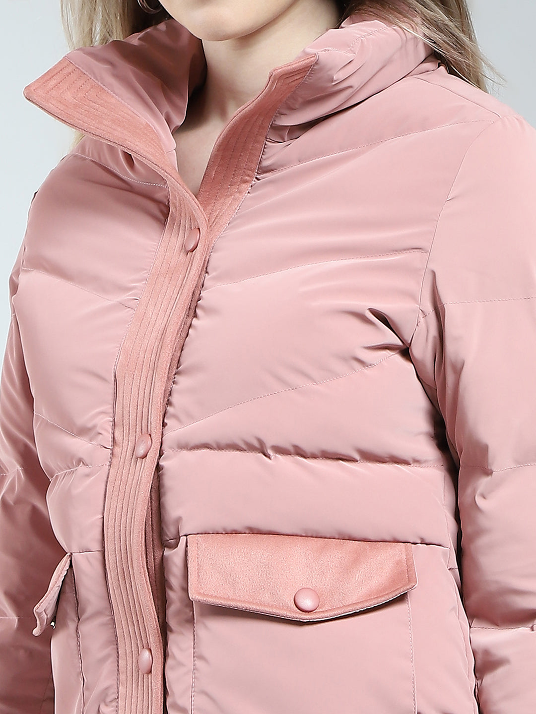 Women Pink Solid Mock Neck Full Sleeve Jacket