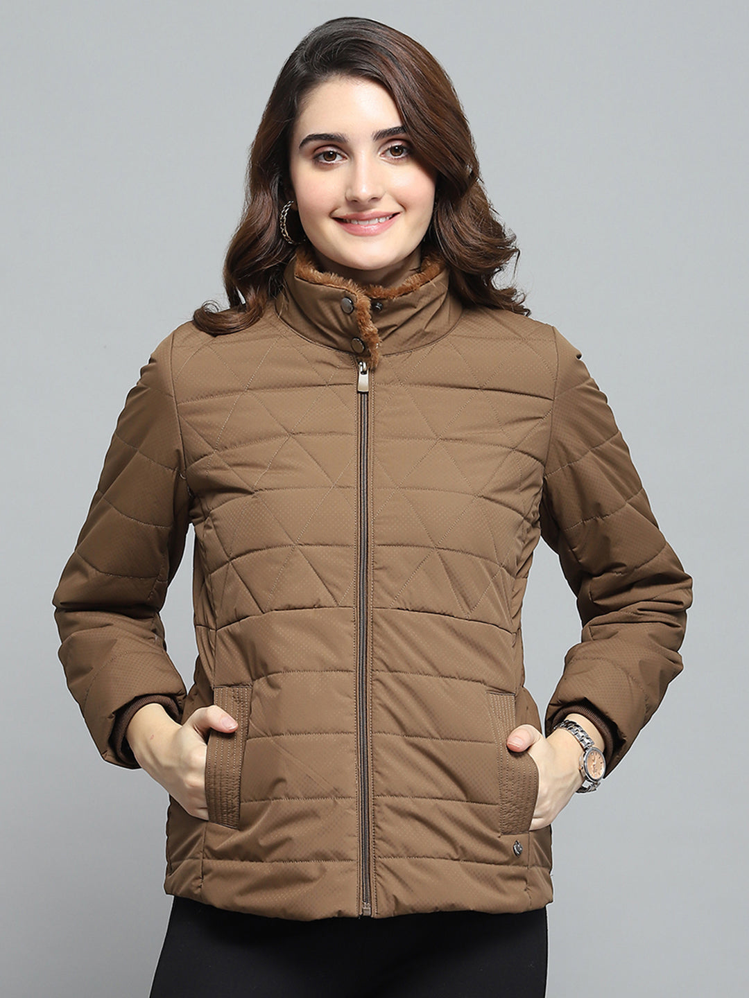 Women Brown Self Design Mock Neck Full Sleeve Jacket