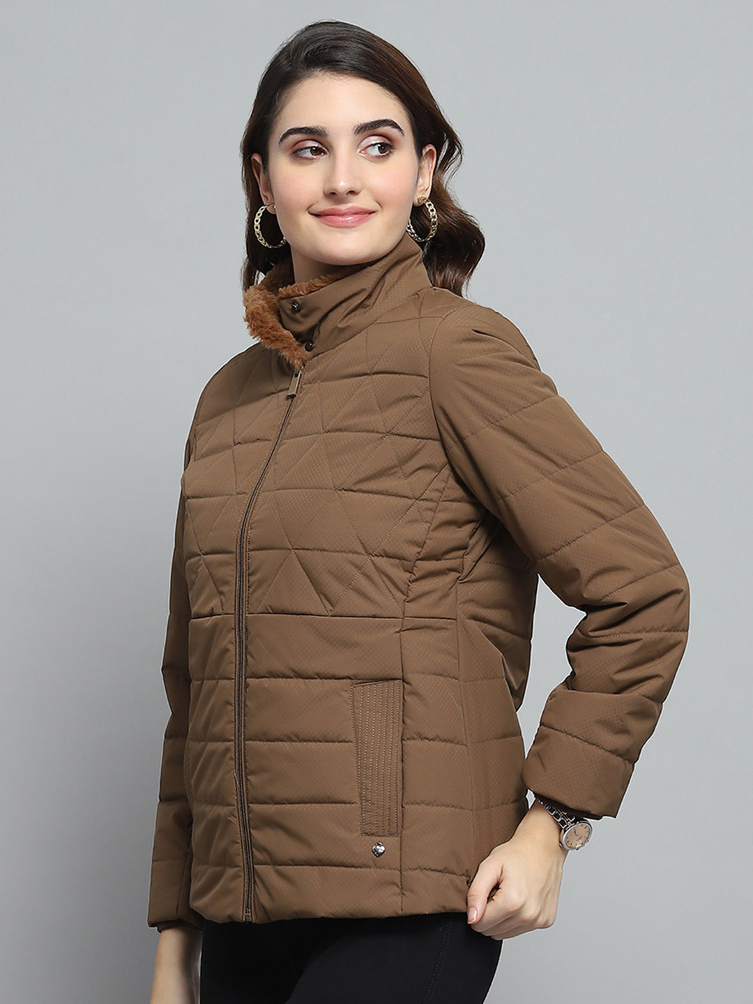 Women Brown Self Design Mock Neck Full Sleeve Jacket