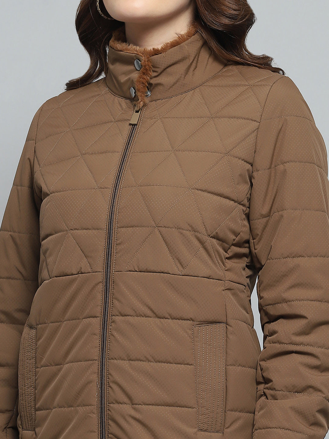 Women Brown Self Design Mock Neck Full Sleeve Jacket