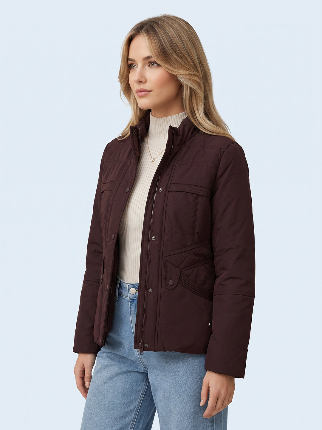 Women Maroon Solid Stand Collar Full Sleeve Bomber Jacket