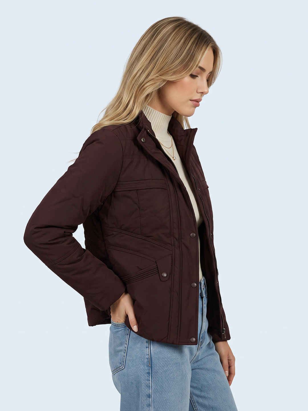 Women Maroon Solid Stand Collar Full Sleeve Bomber Jacket