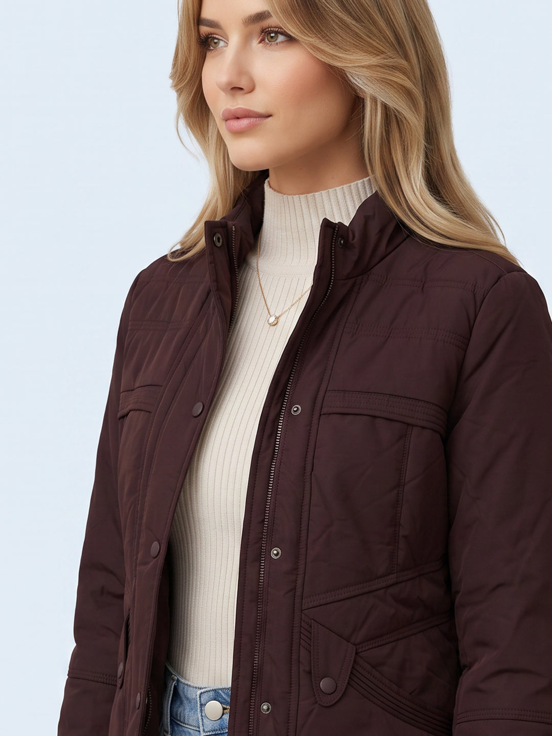 Women Maroon Solid Stand Collar Full Sleeve Bomber Jacket