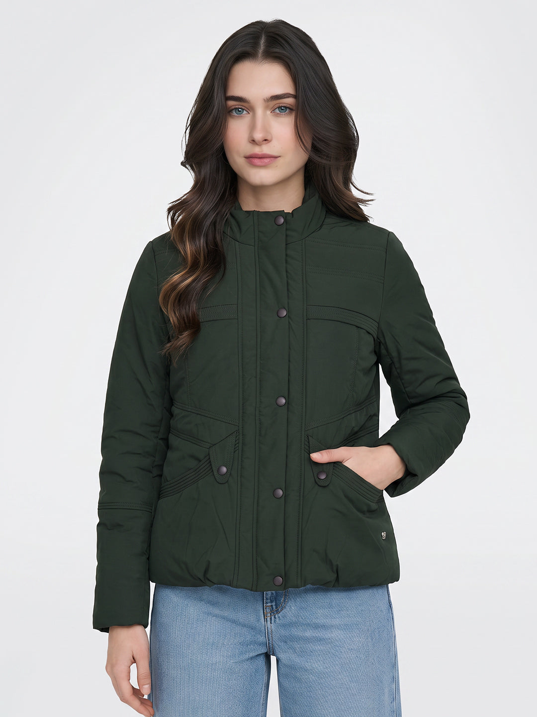 Women Green Solid Stand Collar Full Sleeve Bomber Jacket