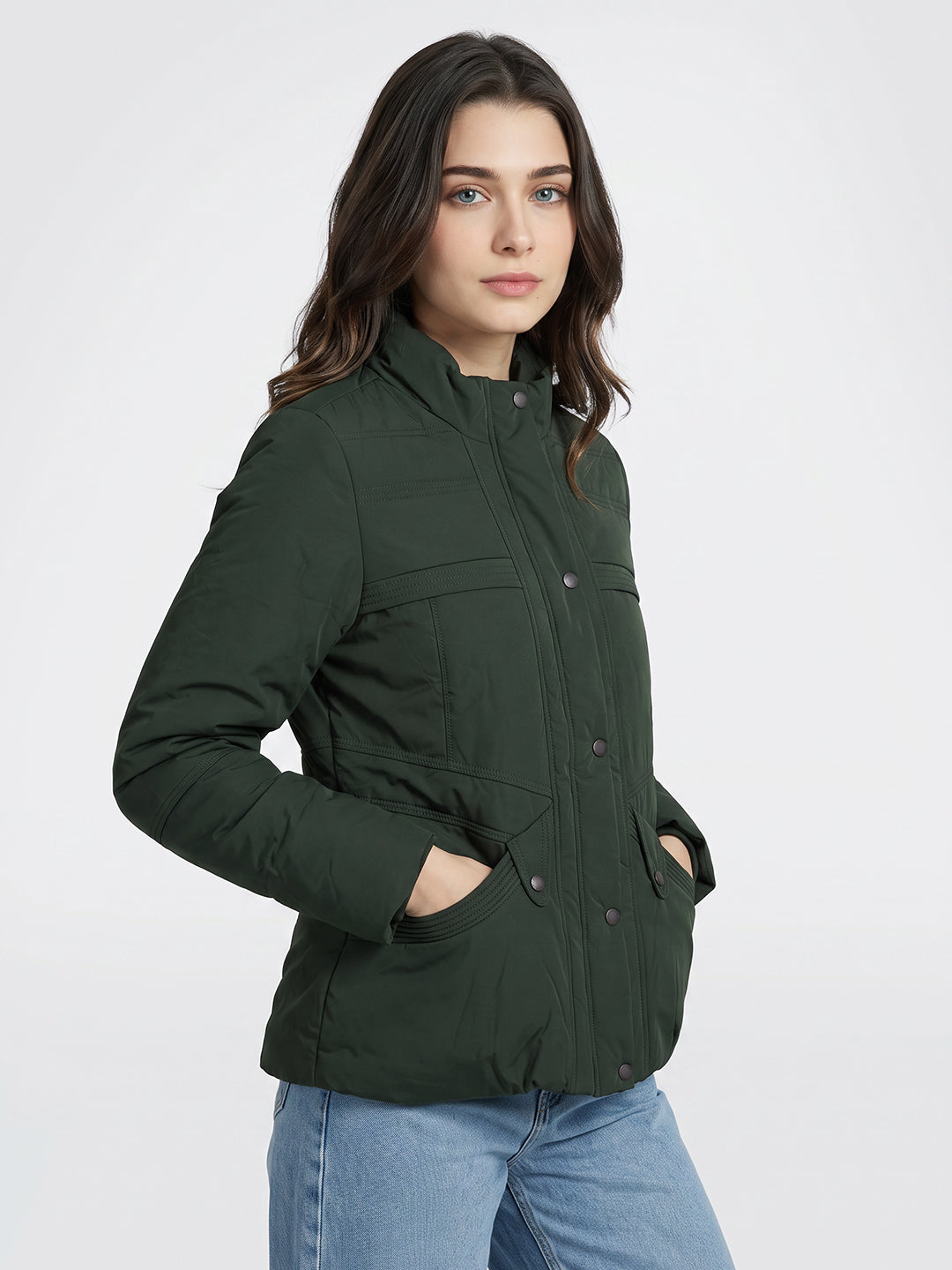 Women Green Solid Stand Collar Full Sleeve Bomber Jacket