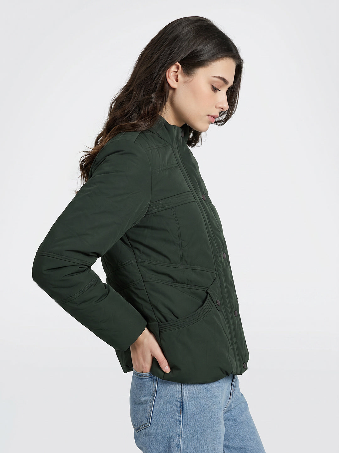 Women Green Solid Stand Collar Full Sleeve Bomber Jacket